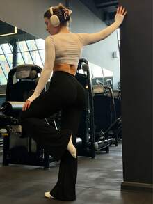 Women's Sporty Slim Fit Flared Pants, Fashion Versatile Double Waistband Skinny Leggings, Slimming Casual Trousers - Black - View 8