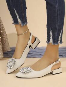 Nuevos zapatos de fiesta con puntera plana y hebilla de cristal de moda para exteriores, zuecos cerrados de punta negra sin cordones, sandalias - Beis - Ver 1