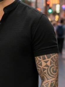 Men's Short-Sleeved Shirt With Mandarin Collar, Dressy And Basic, Premium Lightweight Soft Fabric, Ideal For Parties And Work - On - 黑色 - 查看 5