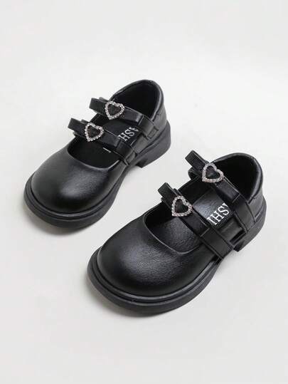 1 Pair Fashionable Elegant Solid Color Heart Mary Jane Flats, School Style Girls Children Shoes, Suitable For All Seasons