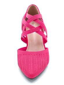 MAIERNISI JESSI Women's Low Kitten Heels Knit Pumps Elastic Crisscross Ankle Strap Slip On Dress Shoes - 玫紅色 - 查看 6