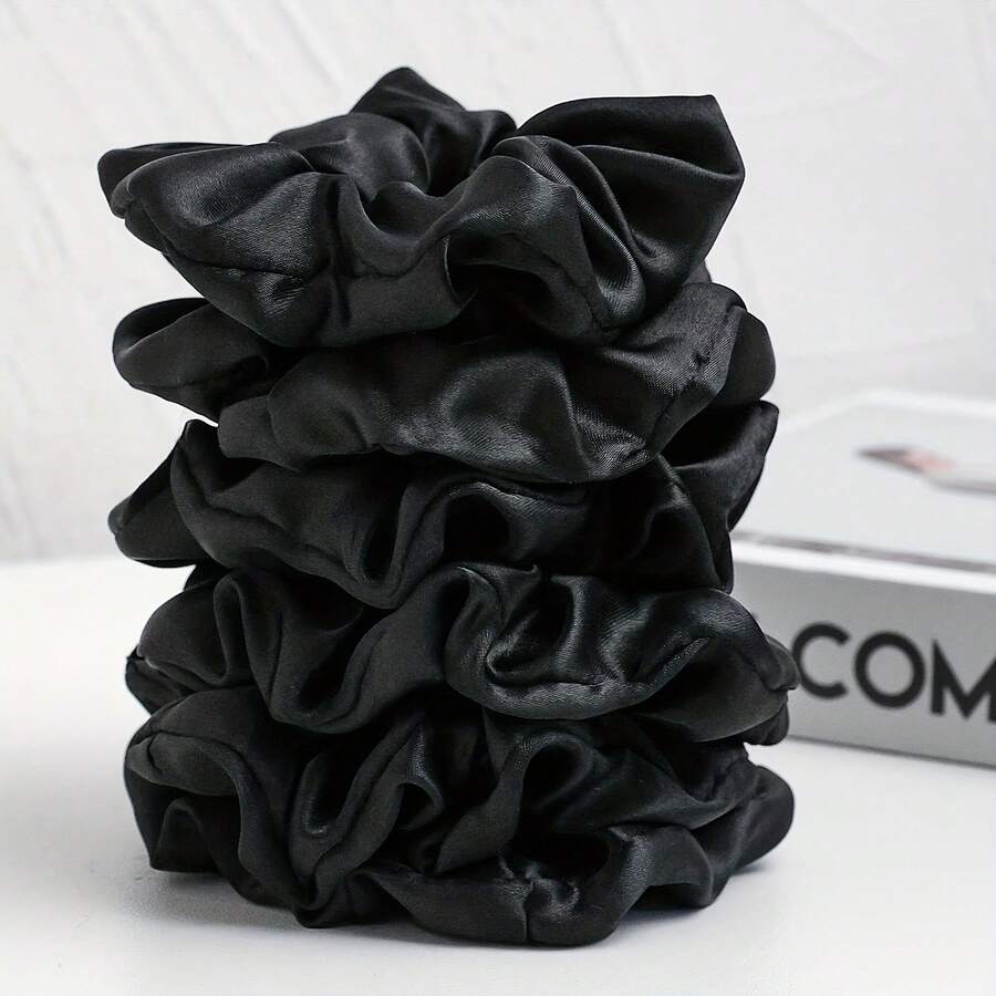 5-Piece Satin Women's Daily Simple Scrunchie Set, Daily Hair Care Essential, Casual Style, Classic Appearance, Smooth Style, Delicate Texture, Soft Fabric, Hair Tie Set, Hair Tie Set, Beauty Essential, Daily Hair Care - màu đen - Xem 1
