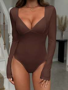 Vaiaye Women's Sexy Y2K Jumpsuit, V-Neck Long Sleeve Fitted Black Bodysuit, Suitable For Valentine's Day Wear, Spring/Summer - Brown - View 7