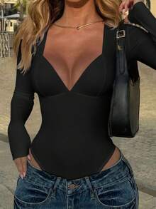 Áo liền thân dệt kim ôm sát màu đen kiểu Y2K gợi cảm dành cho nữ của Vaiaye, cổ chữ V, tay dài, thích hợp cho mùa xuân/hè. - màu đen - Xem 5