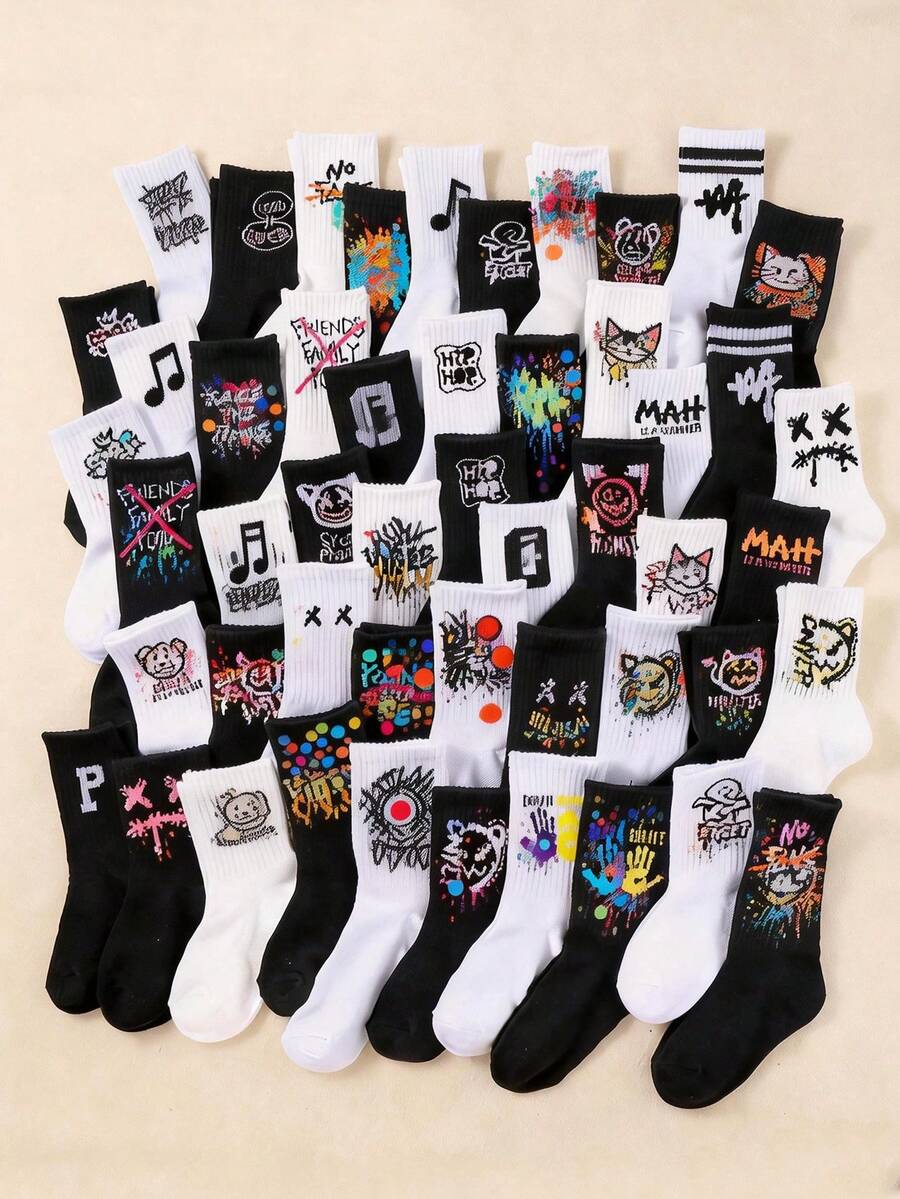 20双儿童袜子，涂鸦袜，街头袜，中筒袜，运动袜，带有涂鸦、字母、笑脸图案，适合青少年，男女通用，适合1-16岁儿童，透气、舒适、柔软 - 彩色 - 查看 1