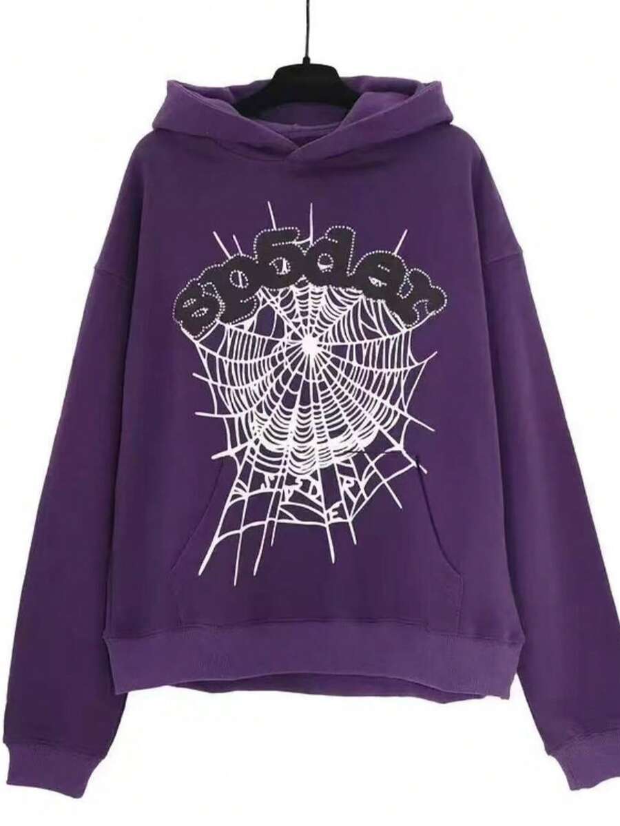 Spider Web Letter Printed Casual Versatile Hoodie Y2k Hoodie Men's Pullover Women's Couple Hoodie Sweatshirt - Màu tím - Xem 1