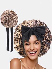 1pc/2pcs Women Elastic Ribbon Leopard Print Satin Sleeping Cap, Chemo Hat, Suitable For Daily Use - Multicolor - View 16