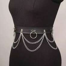 1 pieza Cinturón de cuero con colgante circular de metal negro de doble capa para mujer de talla grande, accesorio decorativo de cadena de estilo punk oscuro para uso diario - Negro - Ver 4