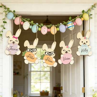 Rabbit Wooden Slices, Can DIY Name, Cute & Fun Easter Decoration Hanging Ornament, For School Activities, Party Decor Accessories, Unfinished Wood, Preserving Natural Wood Texture