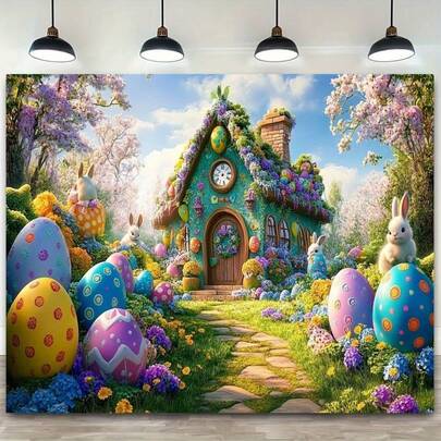 2D平面1A趣味小屋挂毯，饰以彩色彩蛋、兔子和石板路图案，丝绸派对横幅，适用于客厅、卧室或活动装饰，节日横幅/迷人装饰/色彩鲜艳，趣味装饰