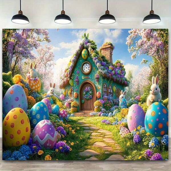 2D平面1A趣味小屋挂毯，饰以彩色彩蛋、兔子和石板路图案，丝绸派对横幅，适用于客厅、卧室或活动装饰，节日横幅/迷人装饰/色彩鲜艳，趣味装饰