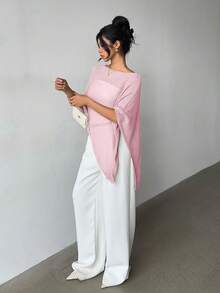 时尚优雅的超大针织披肩开衫，女士款，宽松版型，轻盈舒适，非常别致，适合春夏日常穿着、休闲旅行、海滩度假，百搭粉色 - 粉色 - 查看 3