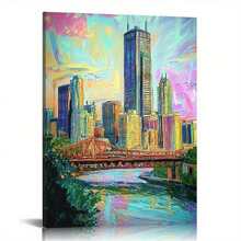 1pc Vibrant Impressionist Chicago Skyline Canvas Wall Art Colorful Cityscape Painting For Modern Living Room Office Decor Frameless Urban Architecture Art - 彩色 - 查看 1