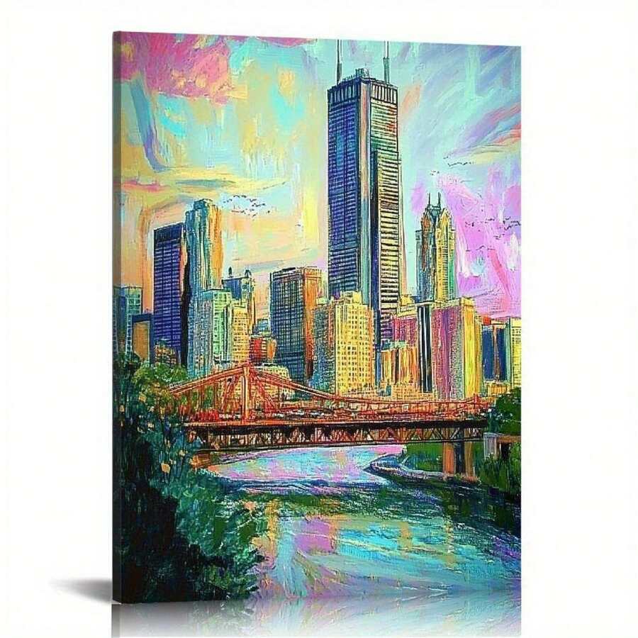 1pc Vibrant Impressionist Chicago Skyline Canvas Wall Art Colorful Cityscape Painting For Modern Living Room Office Decor Frameless Urban Architecture Art - 彩色 - 查看 1