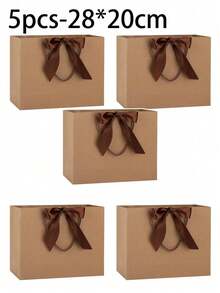 5pcs/1pc-Landscape-Style Kraft Paper Gift Bags, Shopping Bags, Packaging Bags With Handles, Bow-Decorated Handbags, Trick Or Treat, Halloween, White Large-Capacity Paper Bags, Halloween, Thanksgiving, Christmas, New Year, Wedding, Birthday Gift Packaging Bags, Simple Solid-Color Shopping Bags, Small Business Supplies - Brown - View 7