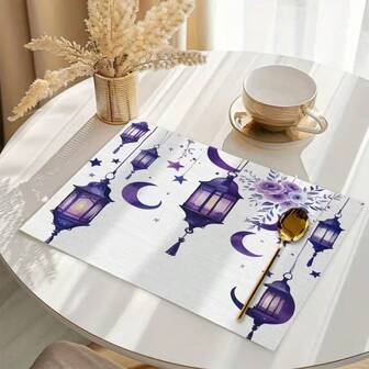 4pcs Ramadan Theme Placemats, Beige Base With Purple Moon And Lantern Floral Pattern, Suitable For Gatherings, Dining And Holiday Decor. Size: 30x45cm, Applicable For Home Decor, Holiday Table Decor, Farmhouse Holiday Decor, Farmhouse Style Decor, Washable, Durable Material, Holiday Table Decor, And Home Entertainment.
