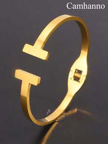 Camhanno 1 Piece Simple Retro Stainless Steel Open Double T-Bracelet For Holiday Gift Boyfriend OZS5 - Gold - 查看 6
