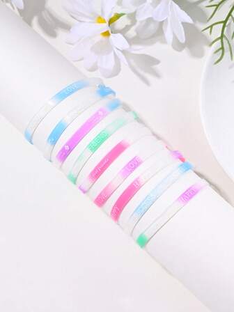  20pcs Assorted Minimalist Candy Color Letter Print Sports Bracelet, Fashion Running Luminous Couple Wristband, Silicone