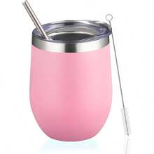 12oz Wine Tumbler With Lid, Stainless Steel Travel Mugs Stemless Double Wall Insulated Coffee Cup, Insulated Wine Glasses Travel Tumbler Cold Hot Drinks Pink, 1 - 淺粉紅色 + 1 - 查看 2