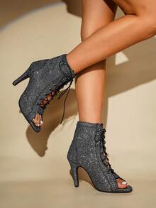 时尚女靴，百搭舒适，时尚优雅，性感迷人，女士夏秋踝靴，爵士舞高跟鞋，露趾鞋，大码高跟鞋 - 灰色 - 查看 3