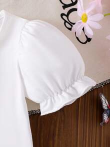 2pcs Baby Girl Fashion Butterfly Print Lantern Sleeve T-Shirt Top And Butterfly Embroidered Pleated Denim Mini Skirt Set - White - View 5