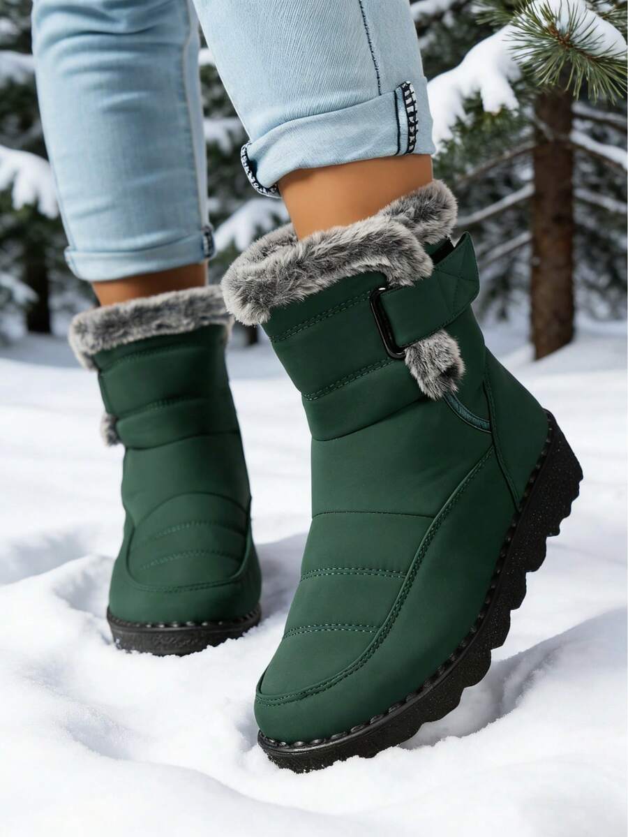 FZY New 2026 Winter Women's Ankle Boots And Short Boots: Stylish, One-Piece Mid-Calf Platform Boots With Adjustable Elastic Heels And A Thick, Fashionable Flannel Edging, Perfect For Winter Outdoor Activities And Can Be Paired With Valentine's Day Outfits. Available In Black, Red, Grey, And Blue. Women's Winter Clothing. A Top Choice For Valentine's Day Gifts. Stylish, Warm Black Ankle Boots; Comfortable And Versatile Low-Heeled Shoes; One-Piece Boots. Avant-Garde Elongated Women's Boots; Comfortable And Durable Concealed Wedge Boots. - màu xanh lá - Xem 1
