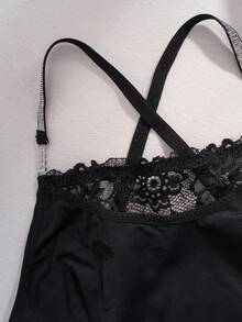 2 Stücke Damen Spitze Patchwork Wäsche Set - Bequemer Kreuz-Träger BH ohne Bügel und freche Höschen Unterwäsche Set - Schwarz - Übersicht 6