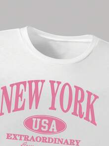 少女字母印花短袖上衣和蝴蝶结装饰长裤套装 - 白色 - 查看 3