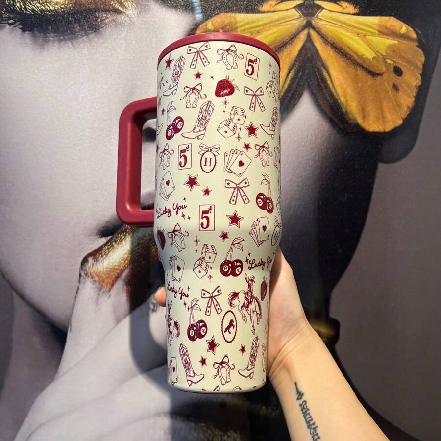 HYDRO,40 OZ, Black Tie, Red Cowhide, Pink And White Plaid, Coffee Plaid, Cherries, Black And White Plaid, Western Cowboy, Stainless Steel Insulated Mug, Suitable As A Holiday Gift, Water Bottle For Outdoor Sports, Travel And Camping. This Stainless Steel Insulated Water Bottle Has Leak Proof Function And Is An Ideal Beverage Kettle Container For Family Travel And Camping. It Comes With A Lid And Straw, And Is Available In Multiple Colors. It Is Suitable For Outdoor Camping, Hiking, Driving, Portable Use, And Is Also A Great Gift For Christmas. Large Capacity, Graduation Gifts, Teacher Gifts, Valentine's Day Gifts, Birthday Gifts, Thanksgiving Gifts, Christmas Gifts, Halloween Gifts, Party Supplies, Etc. It Is Very Suitable For Various Beverages, Including Ice Water, Iced Tea Or Coffee, Iced Drinks And Hot Drinks. - Bò đỏ - Xem 1
