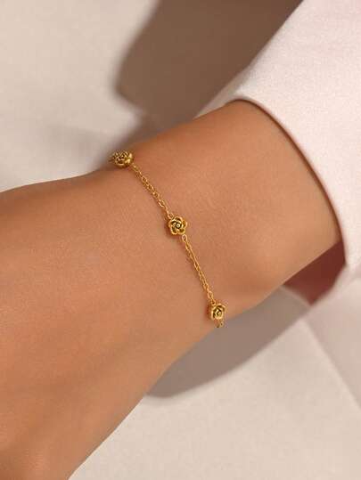 1pc Fashion Niche Rose Stainless Steel Bracelet, Elegant Minimalist Design For Women, Versatile For Daily Wear, Celebrations, Parties