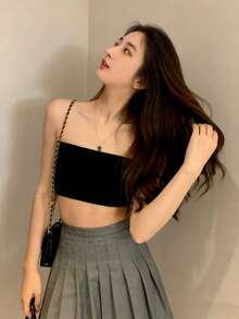 Strapless Crop Top (Without Straps, Includes Padding, Non-Removable) Casual Black Summer - Black - View 6