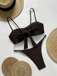 两件套纯色撞色休闲可爱优雅性感系带珍珠球比基尼泳衣，沙滩度假装，春夏假期 - 咖啡棕 - 查看 4