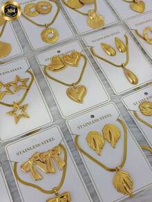 1/6/8 Sets Gold Classic Stainless Steel Jewelry Set, Floral Heart-Shaped Necklace And Earrings Set, Pendant Necklace, Suitable For Women's Daily Wear, Halloween Jewelry, Women's Autumn Accessories - Gold - View 7