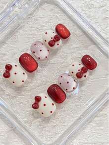 10pcs Handmade Red Bow Polka Dot Beige Cat Eye Nail Stickers, Short Square Cute False Nails, Suitable For Daily Wear, For Women And Girls, Press-On Nail Stickers, Nail Art Products Nail Supplies - Red - View 3