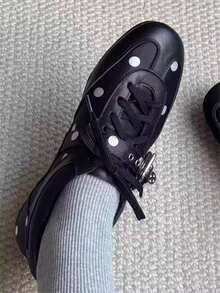 女士时尚方头优雅系带黑色波点百搭休闲平底鞋 - 黑色波點 - 查看 2