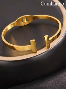 Camhanno 1 Piece Simple Retro Stainless Steel Open Double T-Bracelet For Holiday Gift Boyfriend OZS5 - Gold - 查看 7