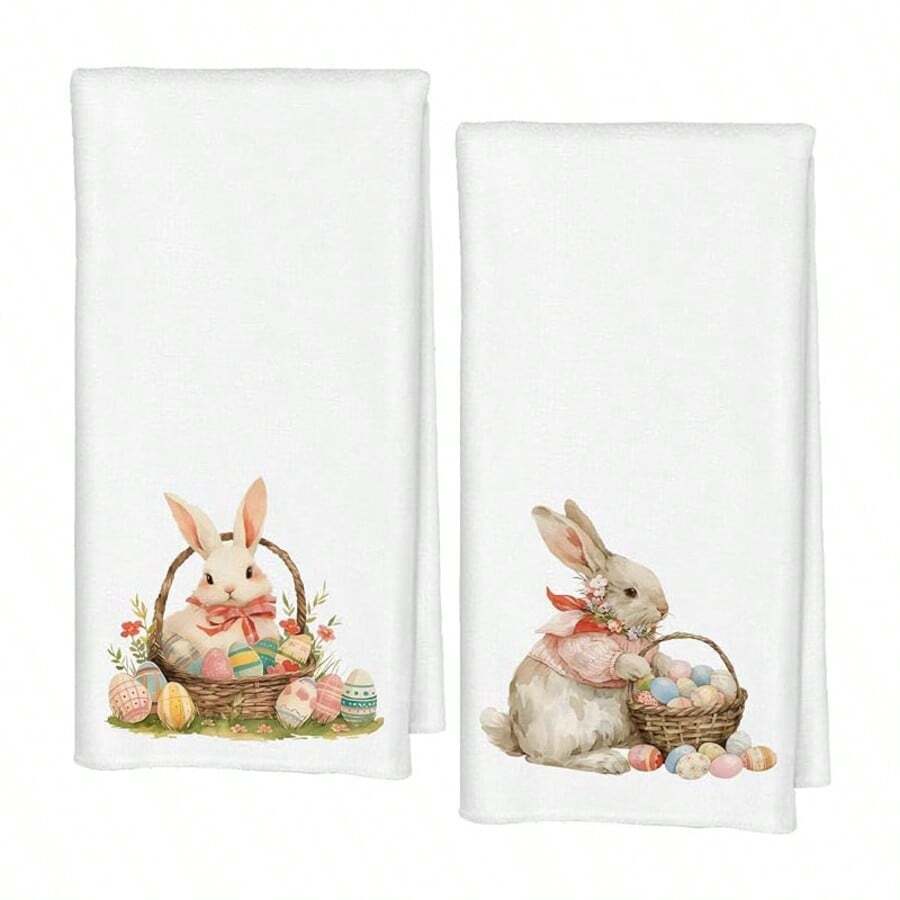 Easter Bunny & Egg Design Kitchen Towel, Super Absorbent Cartoon Pattern, Machine Washable Reusable Hand Towel For Home, Kitchen, Bathroom, Car, Window Cleaning - Soft Knitted Dish Cloth