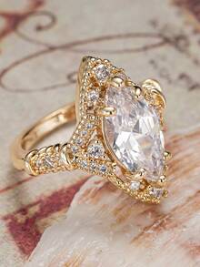 1 chiếc nhẫn đá Cubic Zirconia thanh lịch, kiểu dáng nữ, thích hợp cho đám cưới, lễ đính hôn, kỷ niệm, tiệc tùng và các dịp khác, cũng có thể là quà tặng ngày Valentine. - Vàng - Xem 3