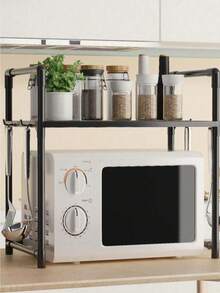 1pc Microwave Oven Rack, 1/2 Tier Microwave Oven Rack, Countertop Kitchen Organizer, Utensil & Tableware Storage Rack, Microwave Oven Rack With 4/8 Hooks - Multicolor - View 2