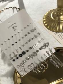 30 Pairs Punk Metal Heart Bowknot Stud Earrings For Girls Fashion Simulated Pearls Butterfly Shiny Drop Earrings Accessories Party Show Jewelry Gifts - Multicolor - View 3