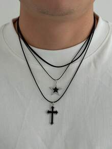 3件套哥特式几何蜡线十字架及水钻五角星吊坠项链，朋克嘻哈风，适合度假、派对、休闲、街头、婚礼、摇滚、情侣、节日、生日等场合，百搭礼物 - 項鍊 - 查看 2