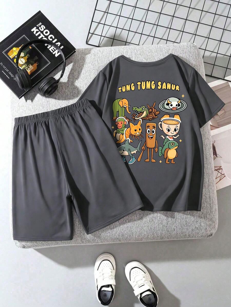 2pcs/Set Boys' Cartoon Outfit, Comfortable Fabric, Summer Gaming Party Style - Grey - View 1