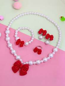 5pcs/Set Girls' Cute Bowknot & Faux Pearl Jewelry Set, Including Necklace, Bracelet, Earrings And Ring, Elegant Princess Style Gift, Suitable For Daily Wear, Birthday, Holiday, Back To School