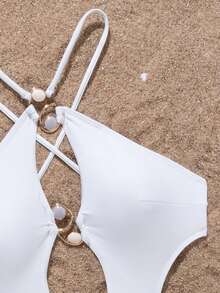 Backless Halter One-Piece Swimsuit, Suitable For Beach & Vacation - White - View 5