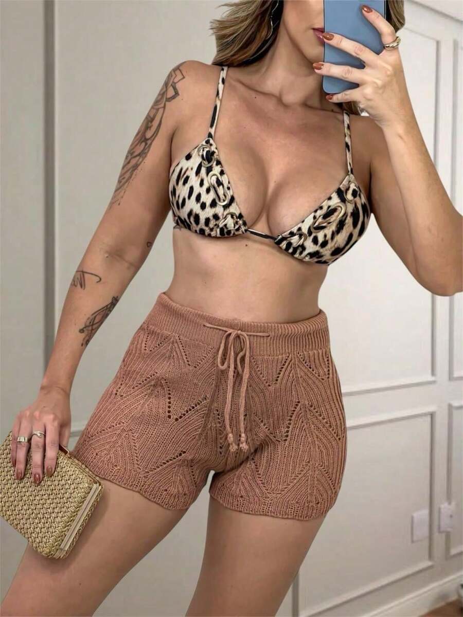 Beach Cover-Up Shorts, Knitted Crochet, High Waist, Lace Beachwear - New Beige - View 1