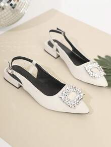 Nuevos zapatos de fiesta con puntera plana y hebilla de cristal de moda para exteriores, zuecos cerrados de punta negra sin cordones, sandalias - Beis - Ver 6