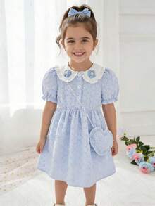 Young Girls Spring/Summer Jacquard Fabric Peter Pan Collar Floral 3D Decor Elegant Cute Style Dress, With Heart Handbag - Blue - View 3
