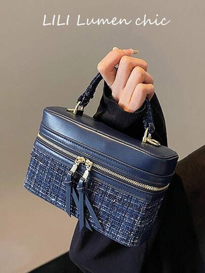 This Blue, Casual, And Versatile Tote Bag Is Crafted From Stylish Embroidered Plaid Fabric And Features A Top Handle. Suitable For The Office, It Can Hold A Phone, Lipstick, Coins, A Shopping Bag, And Can Also Be Used As A Wallet. Perfect For Young Women, College Students, And Working Professionals, This Bag Is Ideal For The Office, School, Work, Business, Commuting, Outdoor Activities, Travel, And Short Trips. A Stylish Women's Bag.