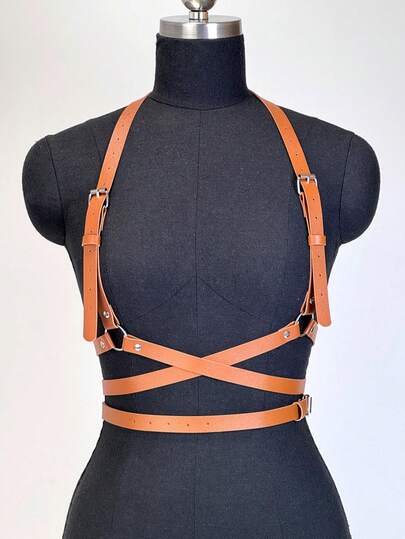 1pc Women's Elegant Coffee Color PU Leather Chest & Waist Harness Belt, Streetwear Body Decor Suitable For Daily Commute, Festivals, Parties