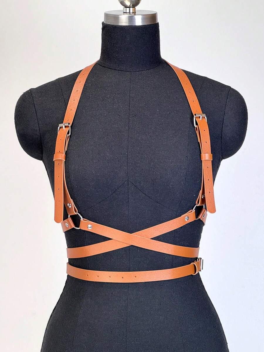 1pc Women's Elegant Coffee Color PU Leather Chest & Waist Harness Belt, Streetwear Body Decor Suitable For Daily Commute, Festivals, Parties